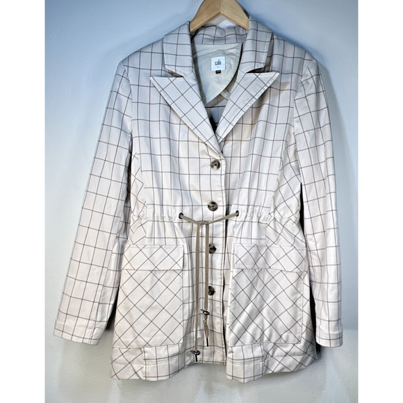 Cabi Windowpane Blazer Jacket Womens Large L Tan Beige 6026 Cinched Waist Preppy - Picture 1 of 10